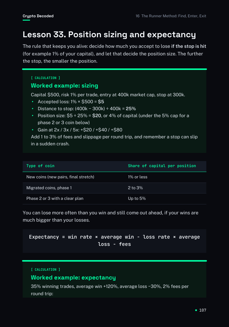 Actual page 107 of Crypto Decoded, showing the worked position-sizing example